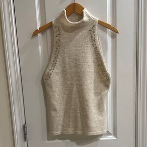 Maeve Cream Mock Neck Pearl-Trim Knit Top